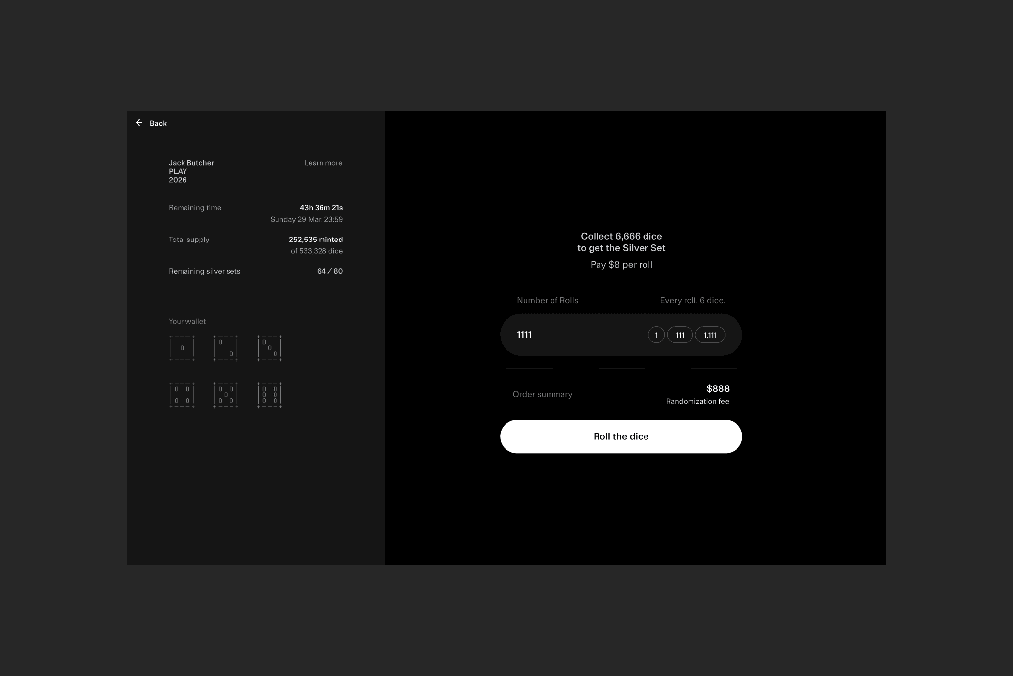 WORK, LUCK, PLAY rolling experience on the SILK web interface