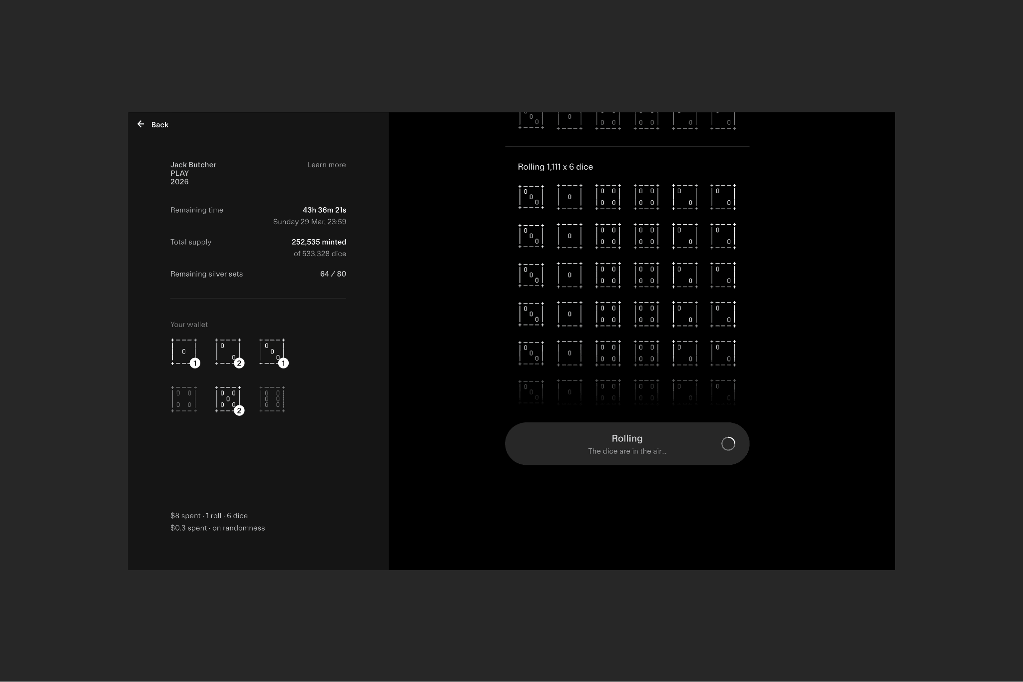 Participant holdings, roll history, and token counts